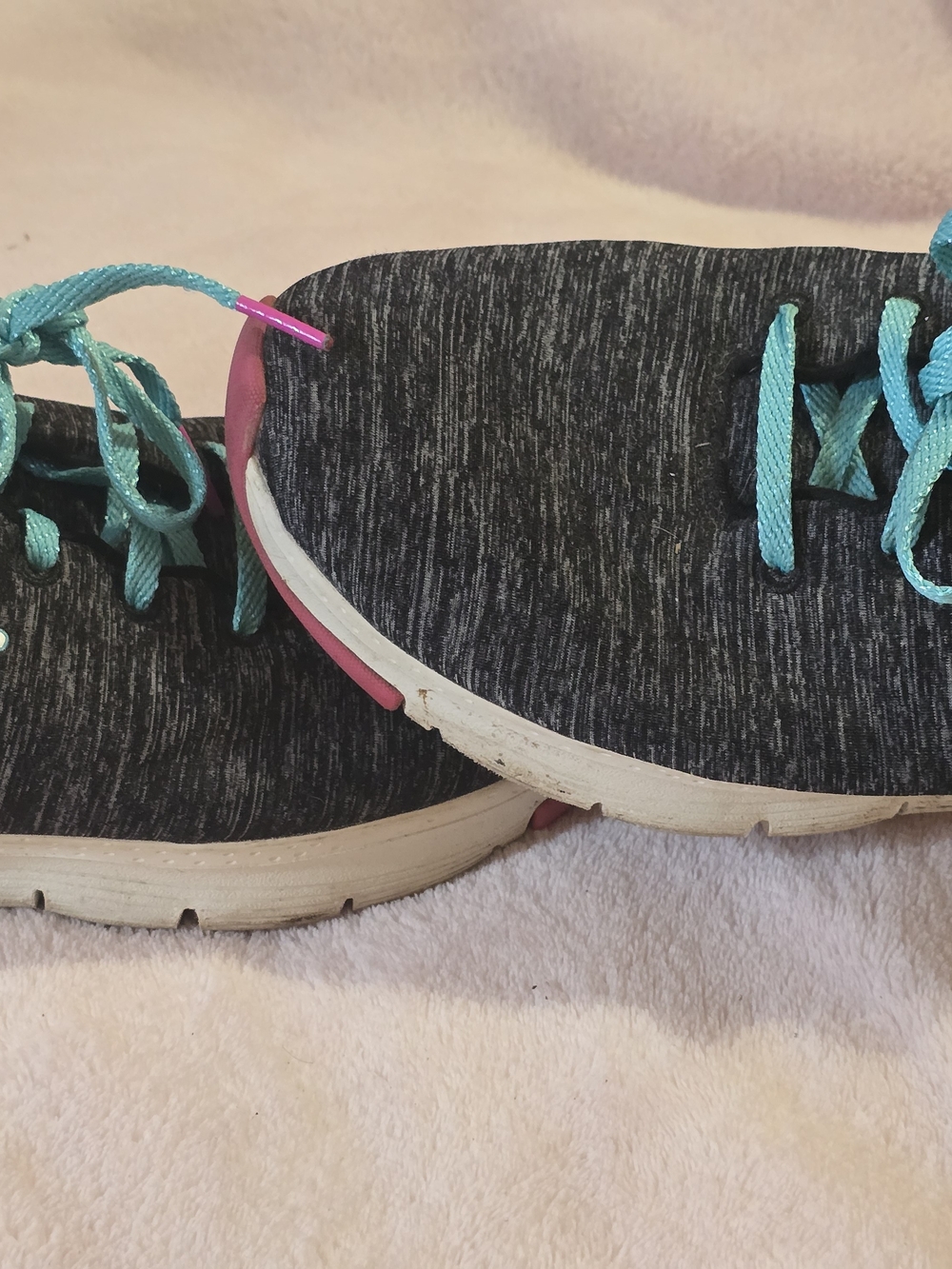 Skechers Women's Charcoal Knit Athletic Shoes with Aqua Laces and Purple Trim - Picture 3 of 4